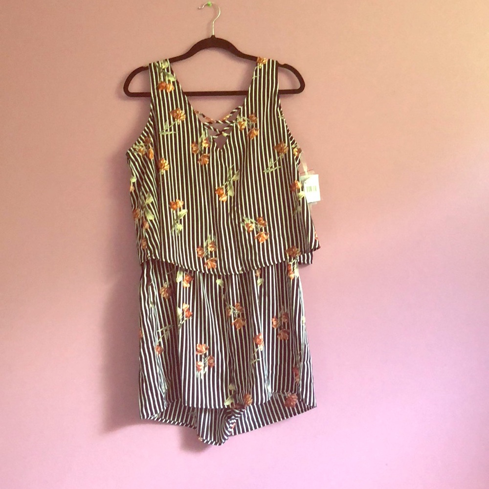 Black and white striped FLORAL ROMPER